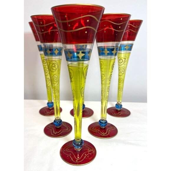 Pier 1 Hand-Painted Glass Champagne Flutes Set Of 6 Colorful Gold Accents Swirls - Picture 1 of 4